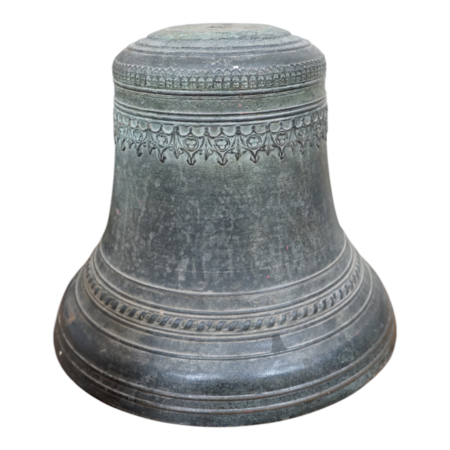 A large Dutch or French cast church bell, 17th/18th century, with decorative Gothic frieze, 33cm high, 40cm diameter. Condition - fair, the crown has been ground off the top.